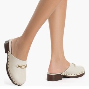 Larroude Women's Zuzi Bit Leather Studded Wooden Platform Mule Clog, Cream, 8